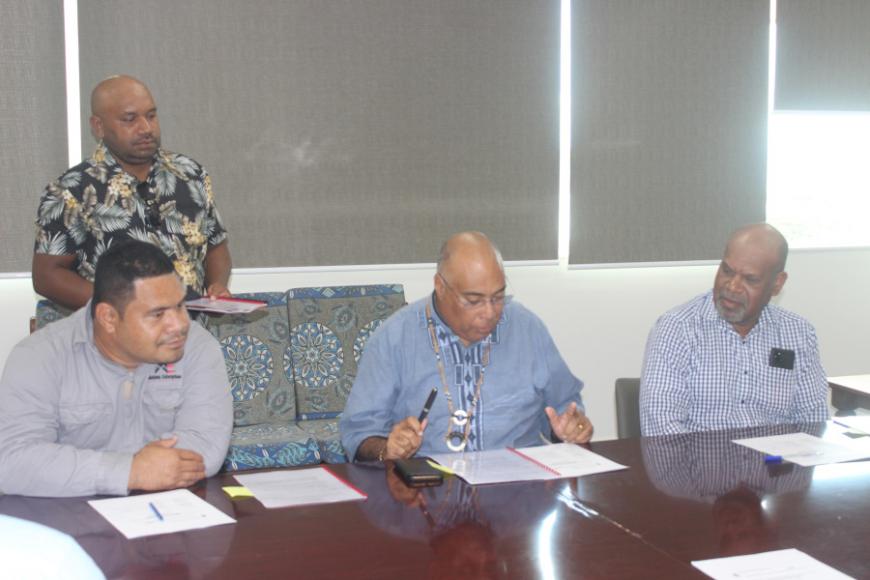 L-R- Managing Director of Motawa Enterprises Rodney Kavamauri, Permanent Secretary of MFAET Mr. Collin Beck and Managing Director of PZTR company Mr. Henry Kapu before the signing ceremony at MFAET. 