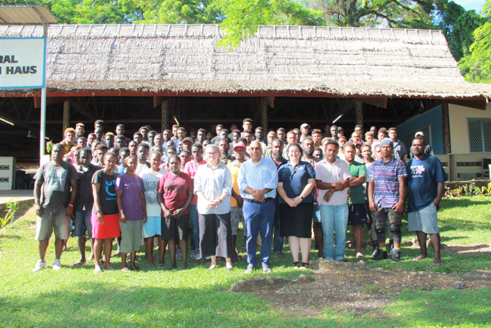 MFAET PS Mr Collin Beck, Deputy High Commissioner Ms Sally Anne Vincent and Christina Skoumbourdis from the Australian High Commission in a photo shoot together with the workers after the Pre-departure briefing at St. Barnabas Leaf hut. 