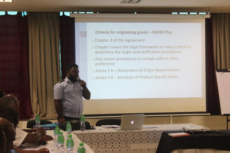 Stephen Dikea from Customs doing his presentation on PACER Plus Rules of Origin.