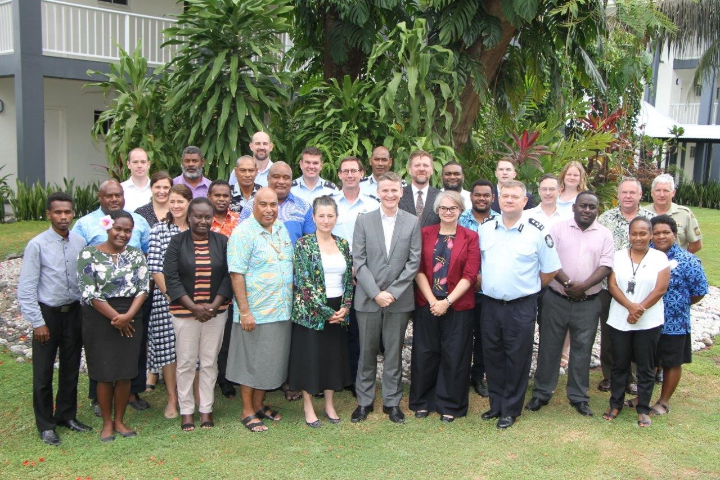 BSD Co-Chairs, Ms Kathy Klugman, First Assistant Secretary, Office of the Pacific, Australian Department of Foreign Affairs and Trade, and Mr Collin Beck, Permanent Secretary, Solomon Islands Ministry of Foreign Affairs and External Trade, with the Solomon Islands and Australian delegations