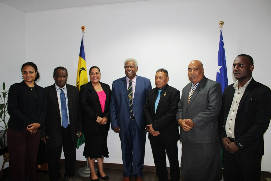 President of the New Caledonia Congress, Hon. Roch Wamytan (Centre) after meeting the supervising Minister of Foreign Affairs and External Trade, Hon. Peter Shanel Agovaka and his Permanent Secretary, Colin Beck. With them are part of the New Caledonia delegation and MSG representative.