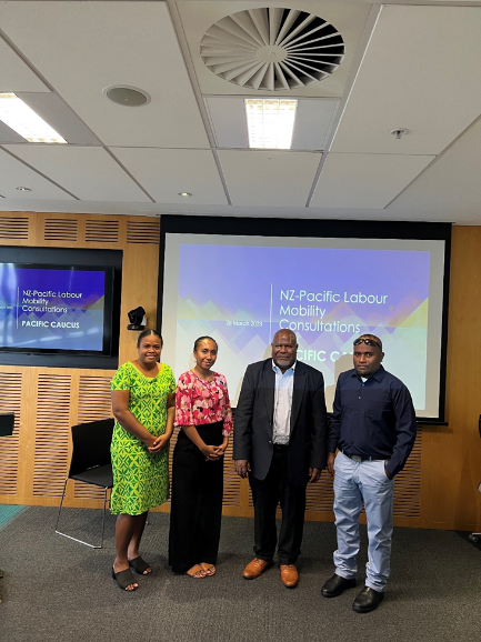Labour Mobility Unit Research Officer, Christina Maoma, SI-NZ High Commission Second Secretary, June Rofeta, Solomon Islands High Commissioner to New Zealand, His Excellency, Eliam Tangirongo and Chief Trade Officer of the Labour Mobility Unit, Jack Waneoroa attending the RSE Consultation and Review currently underway in Auckland, New Zealand. 