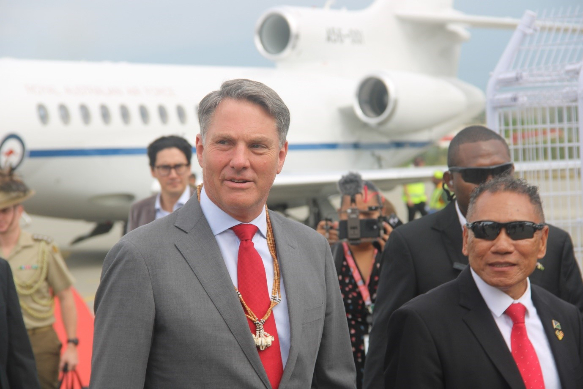 Supervising Minister of Foreign Affairs and External Trade, Hon. Peter Shanel Agovaka with the Deputy Prime Minister and Minister of Defence for Australia, Hon. Richard Marles upon his arrival last week.