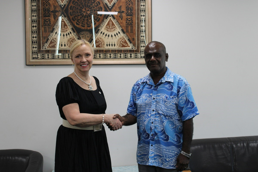 Chair of the UN-IATF and Director of the United Nations Office of the High Representative for the Least Developed Countries (UN-OHRLLS), Ms. Heidi Schroderus-Fox after meeting with the Minister of Foreign Affairs and External Trade, Hon. Jeremiah Manele on Monday