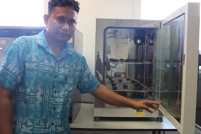 Quality Assurance Manager of the National Health Public Laboratory, Oliver Lukos with one of the calibrated equipment at the National Public Health Laboratory