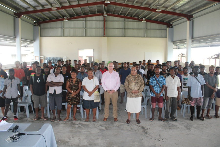 The 84 workers who will be working in queensland during their Pre-Departure Briefing last week with the Australian High Commissioner, Dr Lachlan Strahan and Permanent Secretary of the Ministry of Foreign Affairs and External Trade, Colin Beck