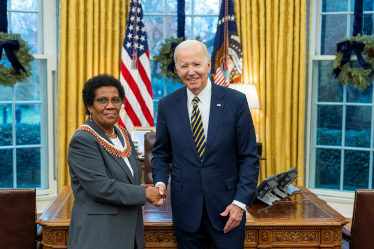 Solomon Islands Ambassador Extraordinary and Plenipotentiary to the United States, Jane Mugafalu Kabui Waetara meeting U.S President, Joe Biden when presenting her letter of credence at the White House
