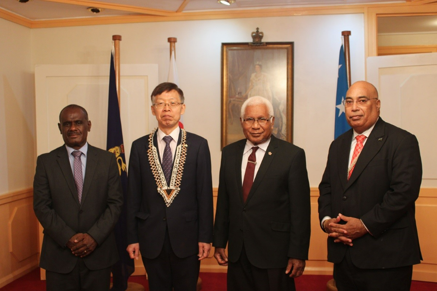 Minister of Foreign Affairs and External Trade, Hon. Jeremiah Manele, ROK Ambassador to the Solomon Islands,His Excellency Ho-Jeung Kang, Governor General, Sir David Vunagi and the Permanent Secretary of the Ministry of Foreign Affairs and External Trade, Colin Beck following the presentation of credentials yesterday.