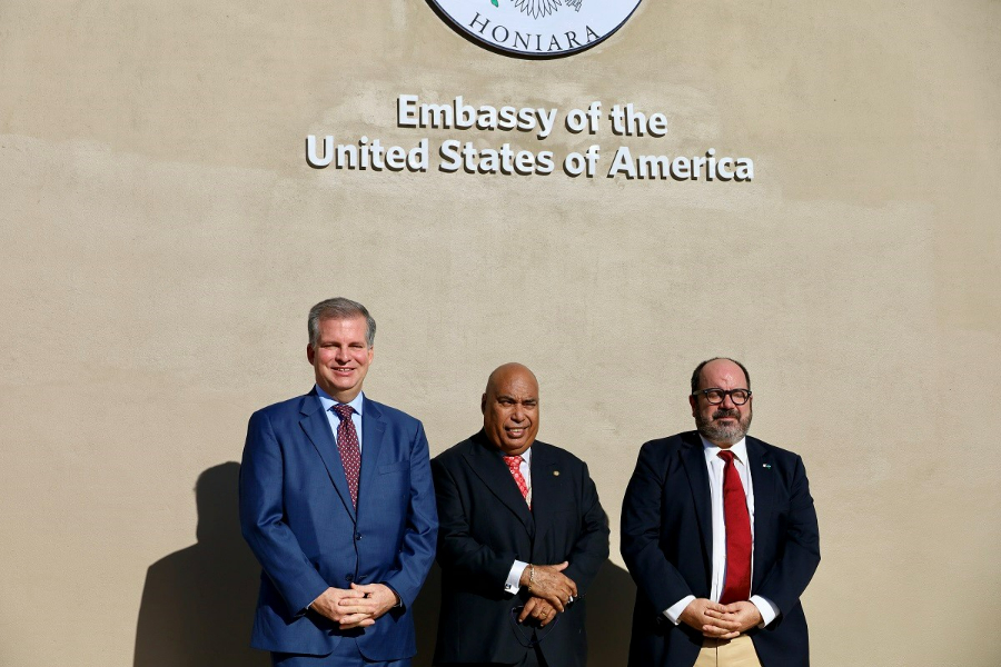 Director EAP/ANP, United States Department of State, Taylor Ruggles, Permanent Secretary of the Ministry of Foreign Affairs and External Trade, Colin Beck and Chargé d’Affaires ad interim of the United States Embassy Honiara, Russell Comeau at the soft launch of the Embassy of the United States in Honiara today