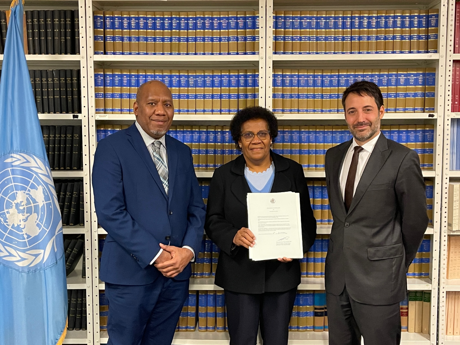 Solomon Islands Permanent Representative to the United Nation in New York, H.E Mrs. Jane Waetara deposits the Optional Protocol to the Convention on the Rights of the Child on the involvement of children in armed conflict. Mr. David Nanopoulos, Chief of the UN Treaty Section officiated the ceremony and witnessed by Mr. Noel Matea, Deputy Permanent Representative of Solomon Islands to the UN