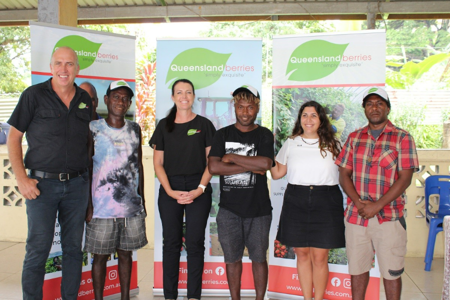 Queensland Berries Managing Director, Richard Mcgrudy, Silas Enoch, Mellisa Mcgrudy, Andrew Pandavisu, Ellie (Queensland berries) and Anthony Maena. The three Solomon Islanders are given another chance to work with Queensland Berries from this year