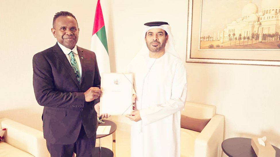 Solomon Islands Ambassador to the United Arab Emirates H.E. Cornelius Walegerea presenting a copy of his Credentials to Assistant Undersecretary for Protocol Affairs of the Ministry of Foreign Affairs of the United Arab Emirates, His Excellency Saif Abdulla Alshamisi. (Photo: Solomon Islands Embassy UAE).