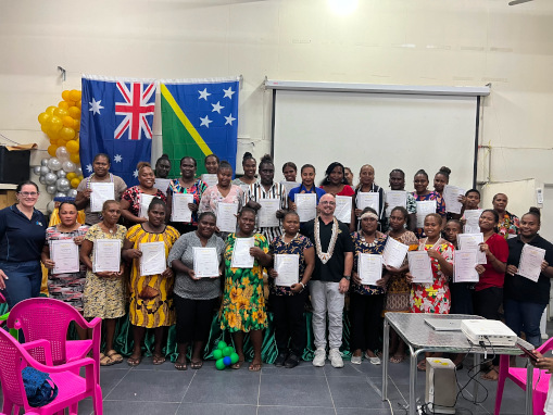 The 32 women who graduated today at the NRH with their trainers.