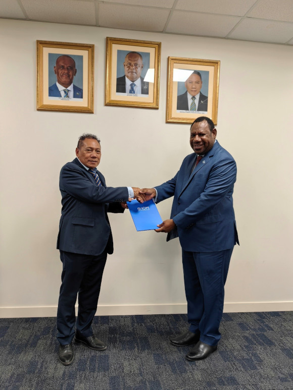 Sub-Regional Coordination of IOM presents letter of credentials to MFAET Minister, Hon. Peter Shanel Agovaka.