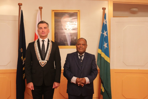 Governor General, His Excellency Sir David Tiva Kapu with the Ambassador Extraordinary and Plenipotentiary of Georgia to Solomon Islands, His Excellency Mr. Beka Dvali after the presentation of credentials today.