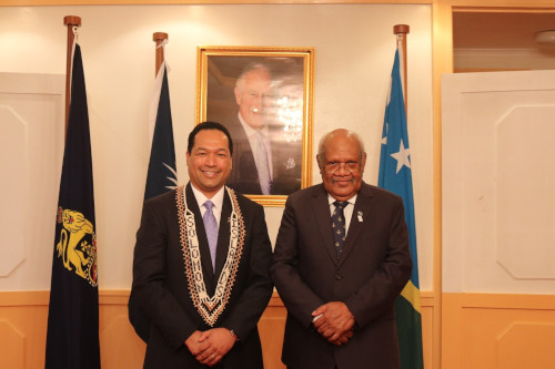 Acting Governor General, Hon. Patterson Oti with the non-resident Ambassador of the Republic of the Marshall Islands, His Excellency Junior Ani after the presentation on credentials at Government house on Monday.