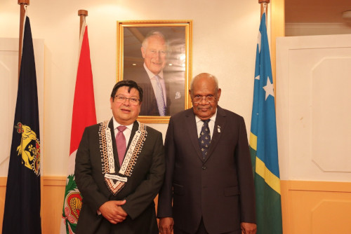 Acting Governor General, Hon. Patterson J. Oti with the non-resident Ambassador of the Republic of Peru to the Solomon Islands, His Excellency Mr. Vitaliano Gallardo after the presentation of credentials yesterday.
