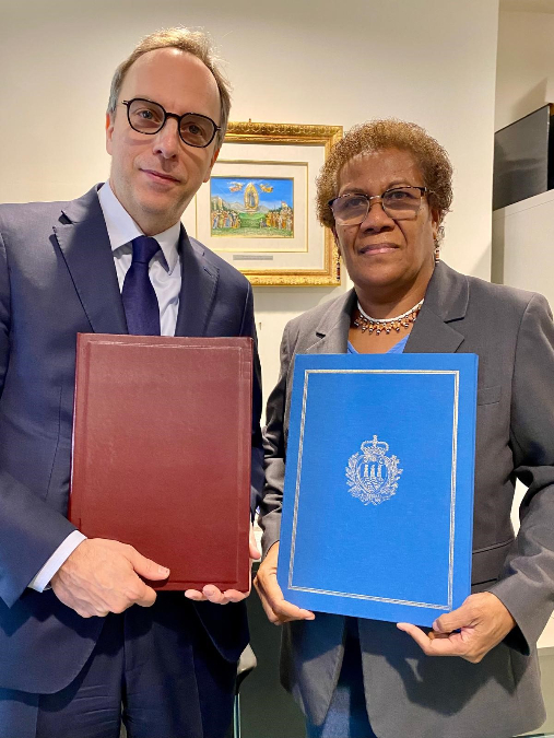 Permanent Representative of Solomon Islands to the United Nations, Her Excellency Mrs. Jane Waetara with the Permanent Representative of San Marino to the United Nations, His Excellency Damiano Beleffi after signing the diplomatic relations agreement between the two countries.Permanent Representative of Solomon Islands to the United Nations, Her Excellency Mrs. Jane Waetara with the Permanent Representative of San Marino to the United Nations, His Excellency Damiano Beleffi after signing the diplomatic relations agreement between the two countries.