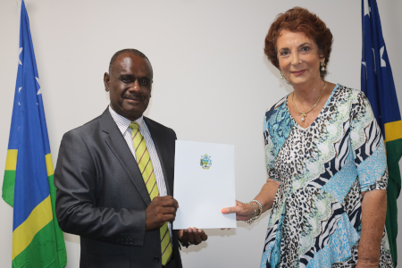 Minister of Foreign Affairs & External Trade, Hon. Jeremiah Manele with US Honorary Consul to Solomon Islands, Ms Keithie Saunders