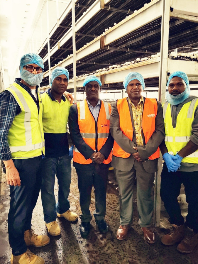 MFAET Minister, Hon. Jeremiah Manele, Senior MFAET Officials and local workers at the Costa Mushroom Farm